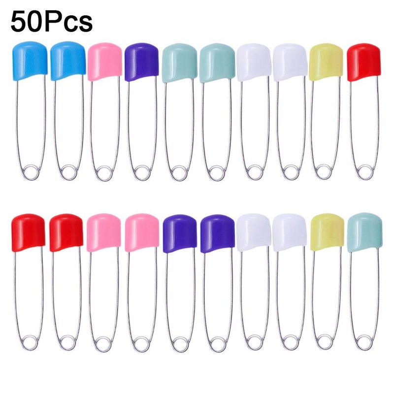 Stainless steel and plastic lock-shaped safety pins for infants and toddlers, available in mixed colors, large and small sizes.